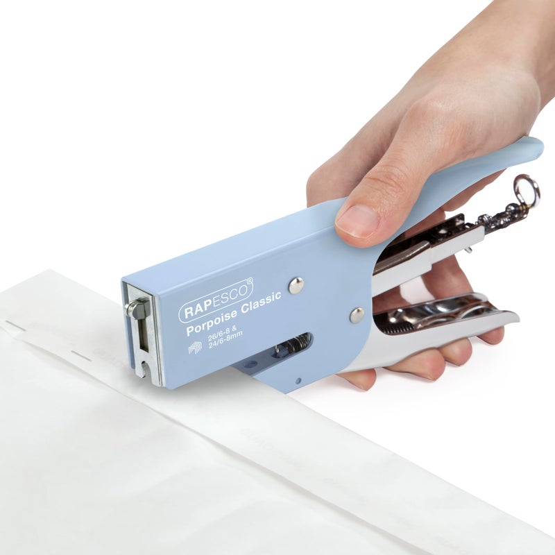 Rapesco 1346 Porpoise Classic Stapling Plier, 45 Sheet Capacity, Uses Type 26 Standard (1/4" and 5/16") and Type 24 High-Capacity (1/4" and 5/16") Staples, All Metal, Powder Blue - Image 4